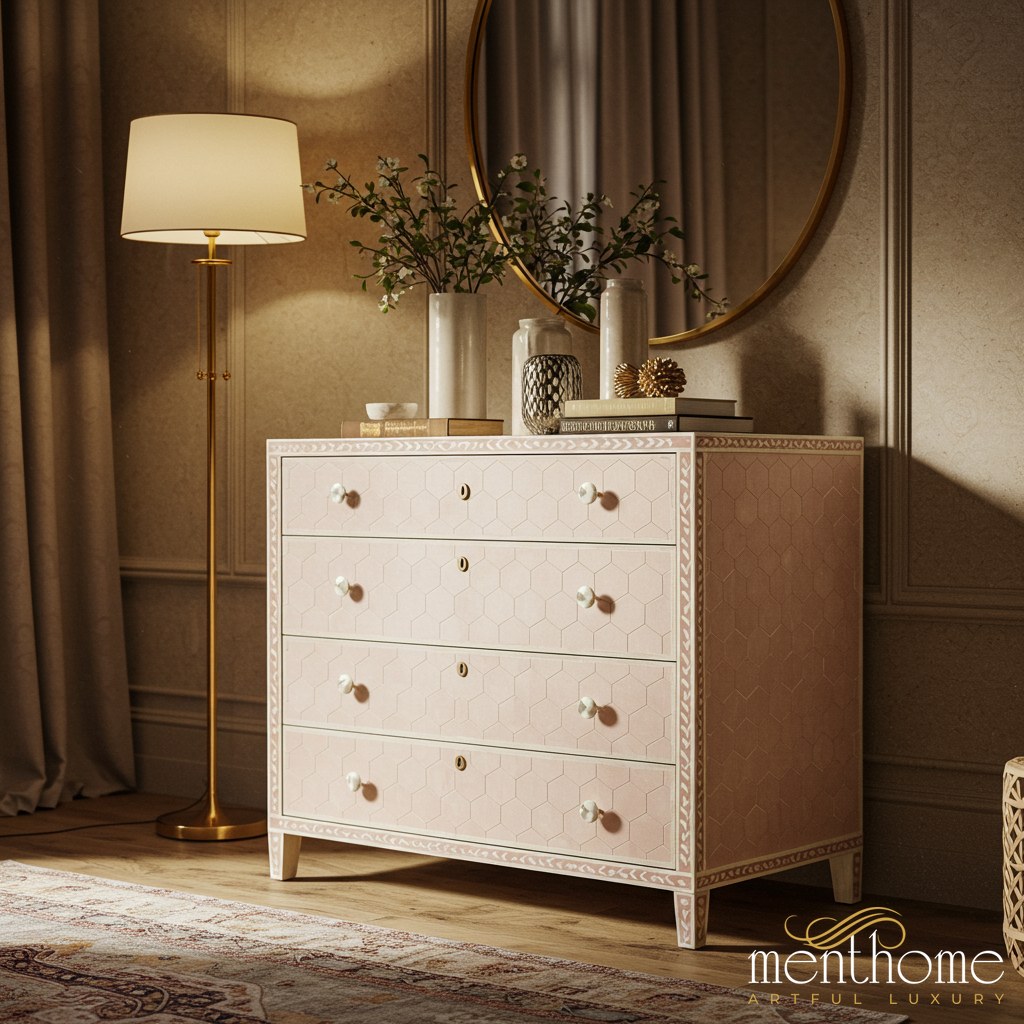 Elegant Pink Hexagonal Patterned Chest of Drawers | Luxury Handmade Dresser