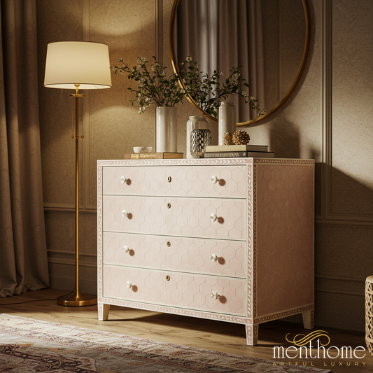 Elegant Pink Hexagonal Patterned Chest of Drawers | Luxury Handmade Dresser