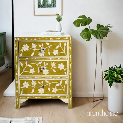 Floral Design Bone Inlay Bedside Table | Luxury Handmade Bedside Table