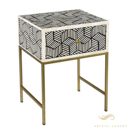 BONE INLAY GEOMETRIC DESIGN METAL BASE ACCENT BEDSIDE TABLE | Luxury Handmade Bedside Table