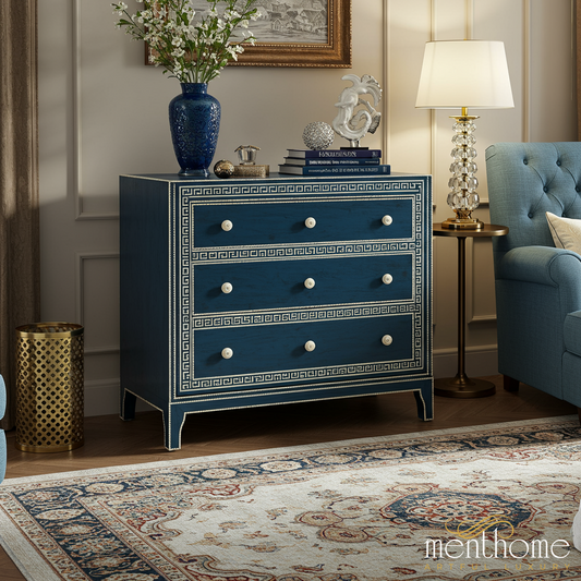 Elegant Blue Wooden Dresser with Greek Key Detailing | Luxury Handmade Chest of Drawer