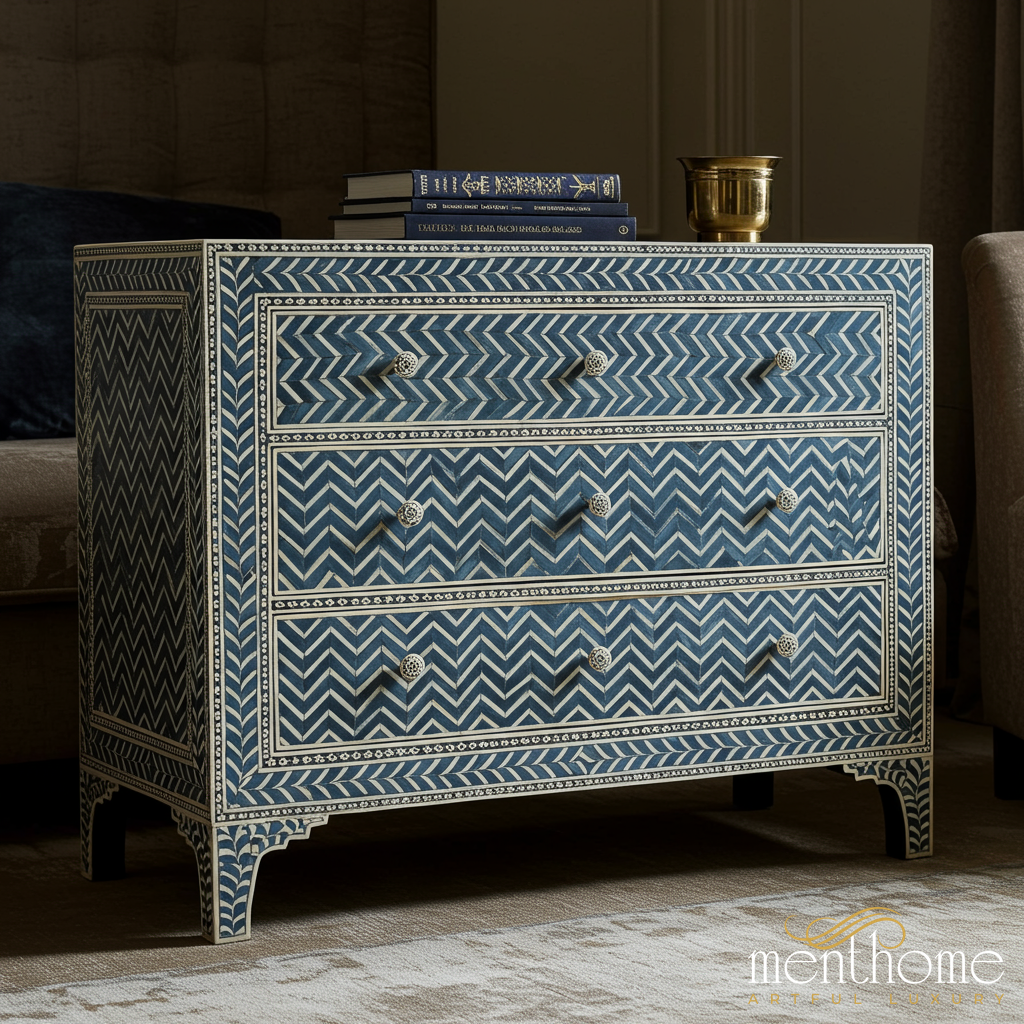 Handcrafted Blue Bone Inlay Chevron Pattern Chest of Drawers | Luxury Handmade Chest of Drawer