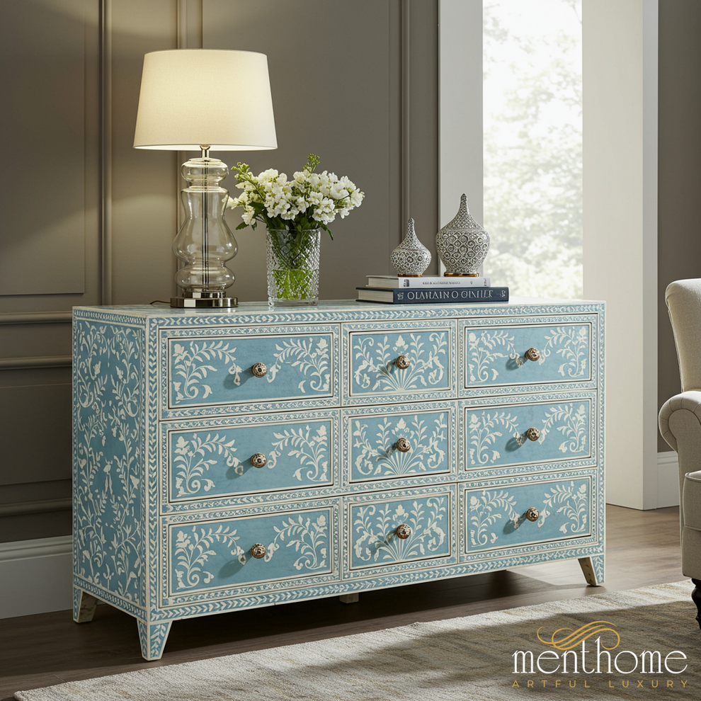 Blue Floral Pattern Wooden Dresser with Nine Drawers | Luxury Handmade Dresser - S(42"Wx18"Dx30"H) / Bone-like Blue Floral Pattern Wooden Dresser with Nine Drawers | Luxury Handmade Dresser - S(42"Wx18"Dx30"H) / Bone-like