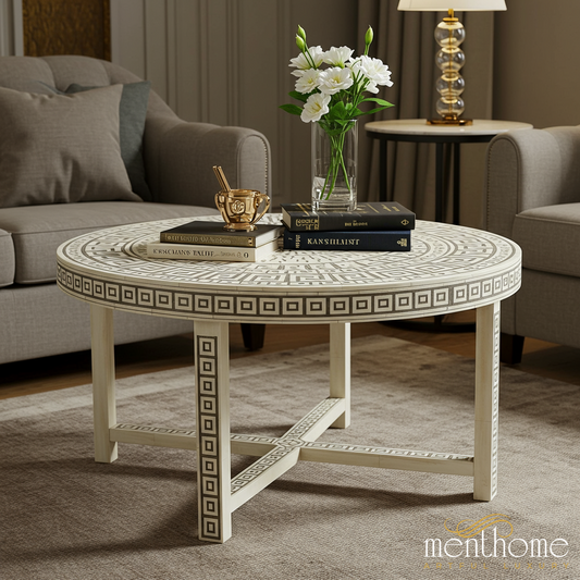 Round Wooden Coffee Table with Geometric Inlays | Luxury Handmade Coffee Table