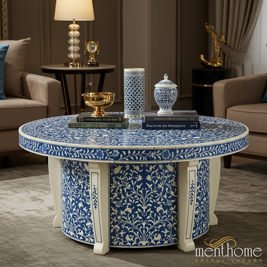 Handcrafted Blue and White Floral Inlay Coffee Table | Luxury Handmade Coffee Table