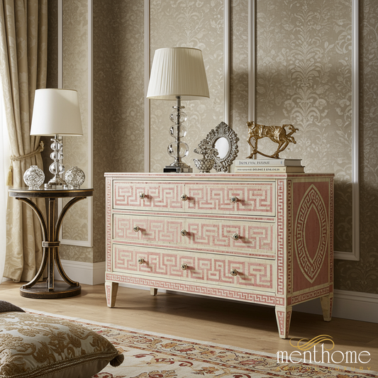 Vintage Greek Key Pattern Wooden Chest of Drawers | Luxury Handmade Chest of Drawer