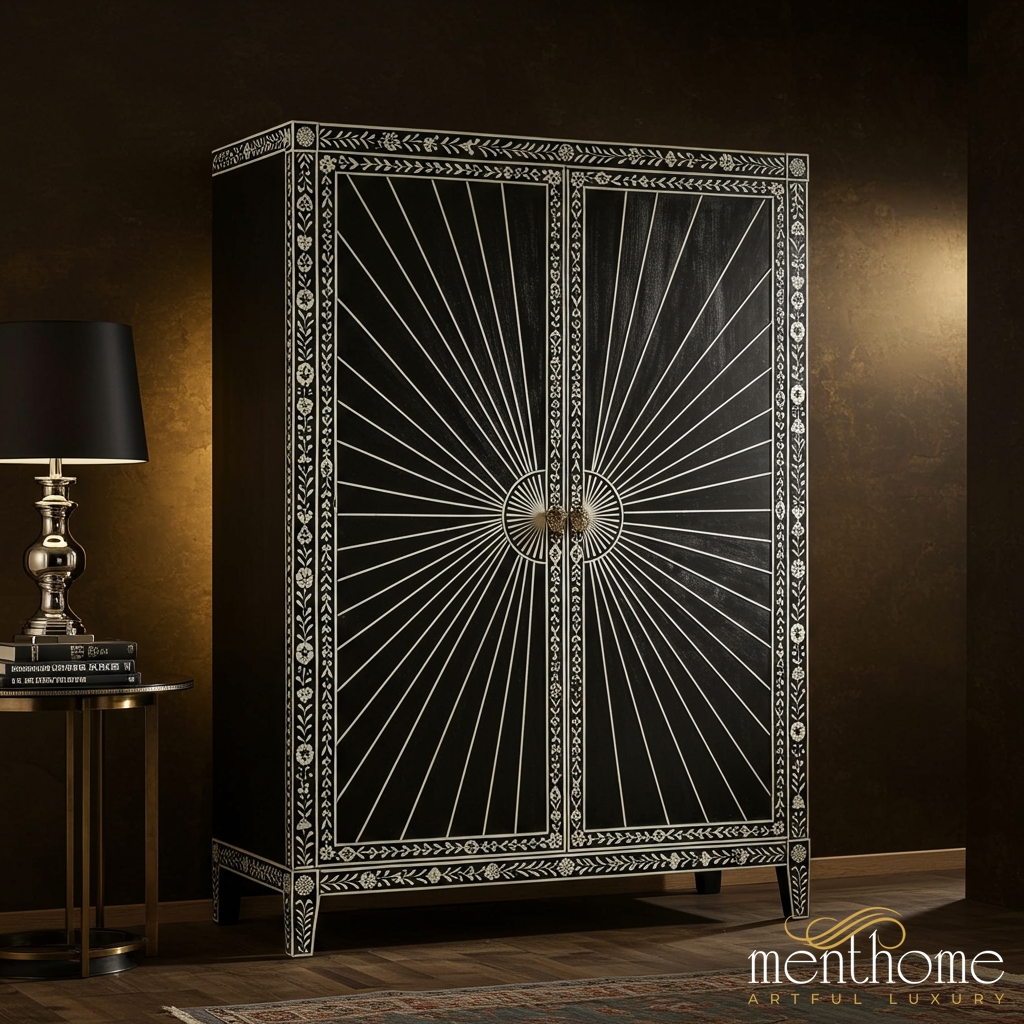 Black Wooden Wardrobe with Inlay Design | Luxury Handmade Wardrobe