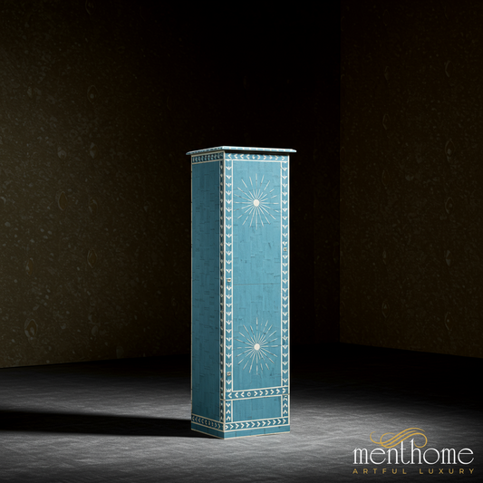 Blue Decorative Tall Storage Cabinet with Sunburst Design | Luxury Handmade Tallboy