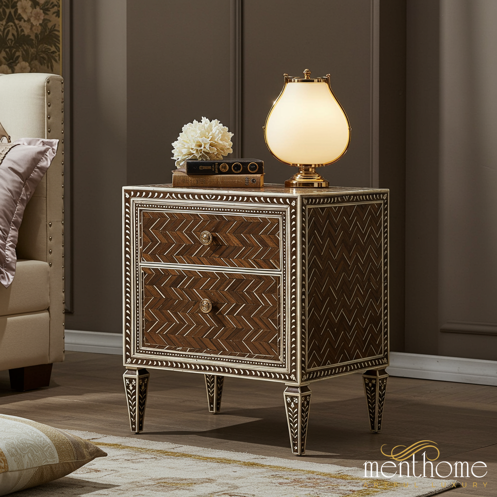 Handcrafted Wooden Two-Drawer Nightstand with Inlaid Design | Luxury Handmade Bedside Table
