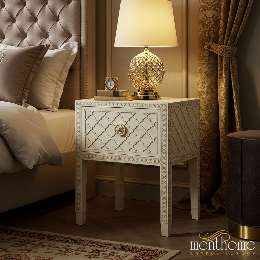 Elegant Carved Wooden Nightstand with Single Drawer | Luxury Handmade Bedside Table