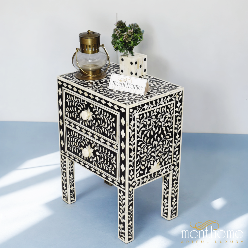 Black Bone Inlay 2 drawers Floral Pattern Nightstand | Luxury Handmade Bedside Table