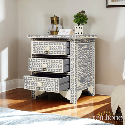 Grey Bedside Table adorned with a graceful Leaf Pattern | Luxury Handmade Bedside Table