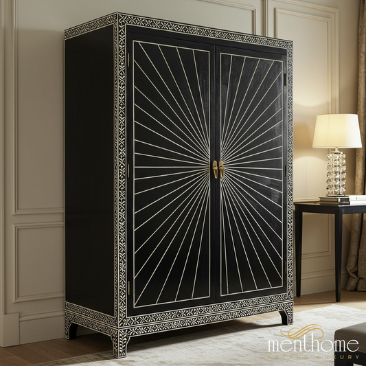 Elegant Black Sunburst Wardrobe Cabinet | Luxury Handmade Wardrobe
