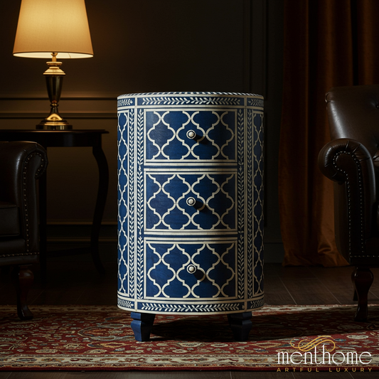 Blue and White Patterned Cylindrical Chest with Drawers | Luxury Handmade Chest of Drawer