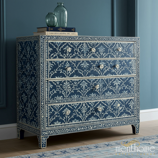 Blue Floral Pattern Wooden Chest of Drawers | Luxury Handmade Chest of Drawer