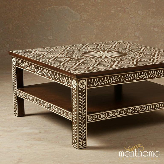 Handmade Bone Inlay Brown Coffee Table Modern Square Furniture | Luxury Handmade Coffee Table