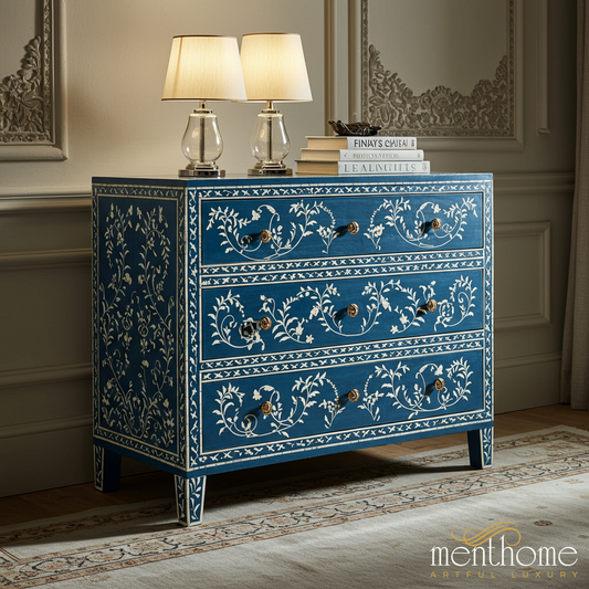 Blue Floral Hand-Painted Wooden Dresser | Luxury Handmade Chest of Drawer
