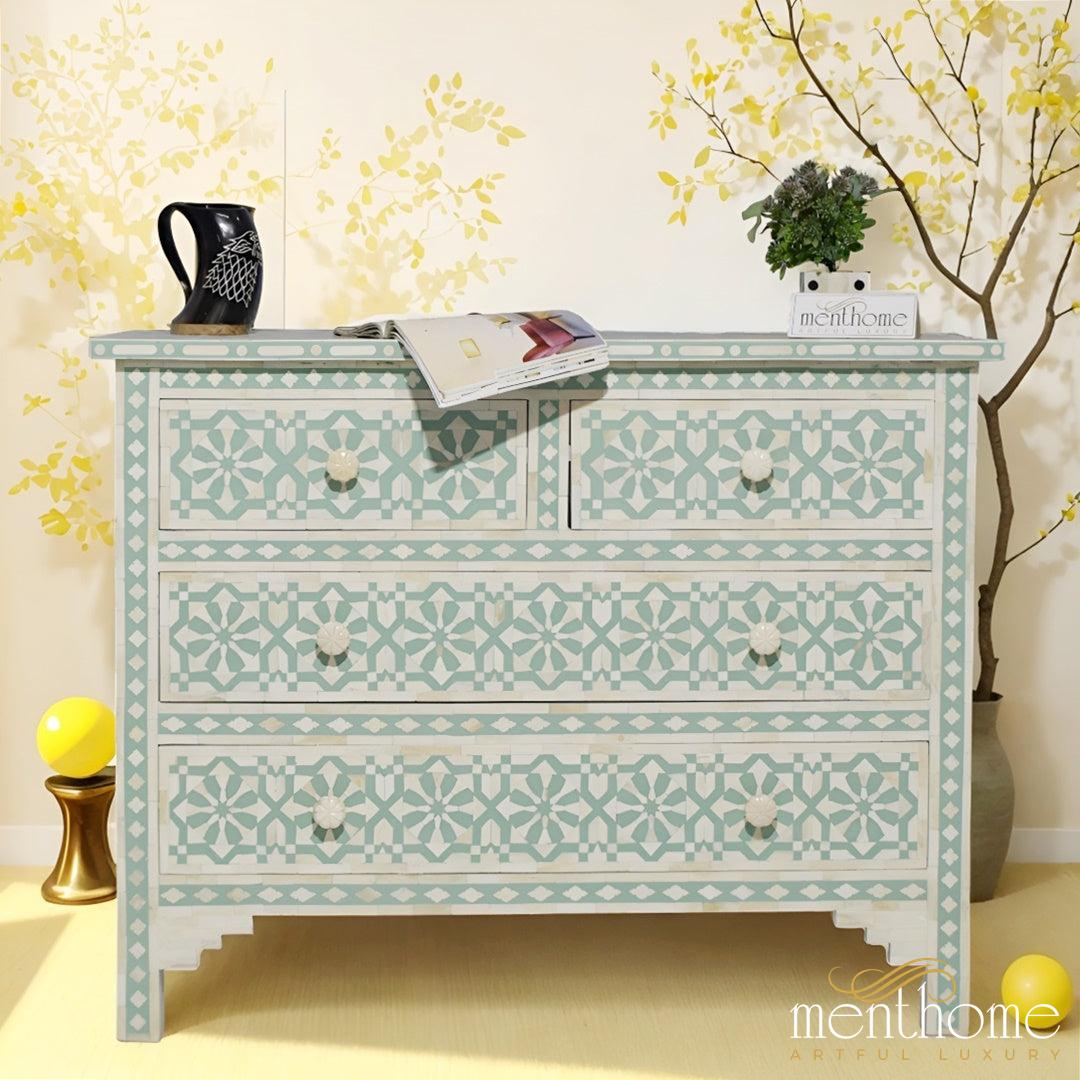 Arrow Pattern Bone Inlay Dresser with Four Drawers | Luxury Handmade Dresser