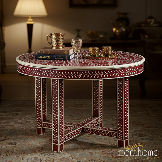 Handcrafted Red Bone Inlay Round Coffee Table | Luxury Handmade Coffee Table