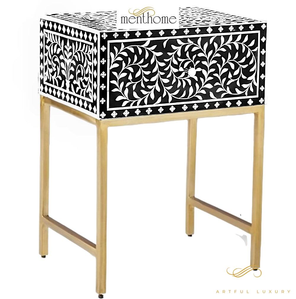 Bone inlay handmade orange bedside table, Bone inlay orange night stand, Bone inlay side table, Bone inlay furniture, Bone inlay lamp stand | Luxury Handmade Bedside Table