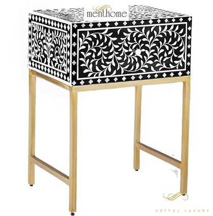 Bone inlay handmade orange bedside table, Bone inlay orange night stand, Bone inlay side table, Bone inlay furniture, Bone inlay lamp stand | Luxury Handmade Bedside Table