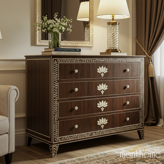 Elegant Wooden Floral Inlay Chest of Drawers | Luxury Handmade Dresser