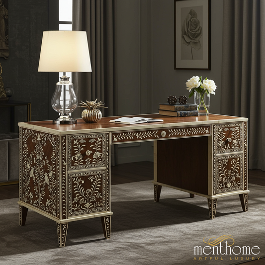 Vintage Floral Inlay Wooden Writing Desk | Luxury Handmade Desk