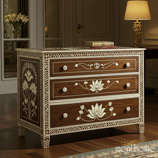 Handcrafted Wooden Floral Inlay Chest of Drawers | Luxury Handmade Chest of Drawer