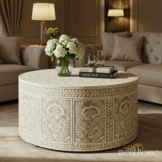 Handcrafted Bone Inlay Round Coffee Table | Luxury Handmade Coffee Table