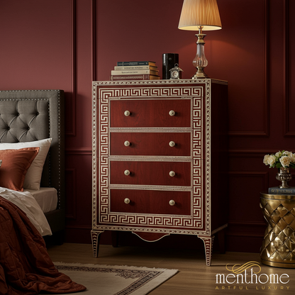 Vintage Redwood and Brass Inlay Chest of Drawers