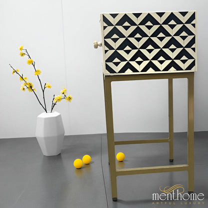 Monochrome Mirage — Artisanal Resin Zigzag One-Drawer Bedside Table with Brushed Brass Frame | Luxury Handmade Bedside Table