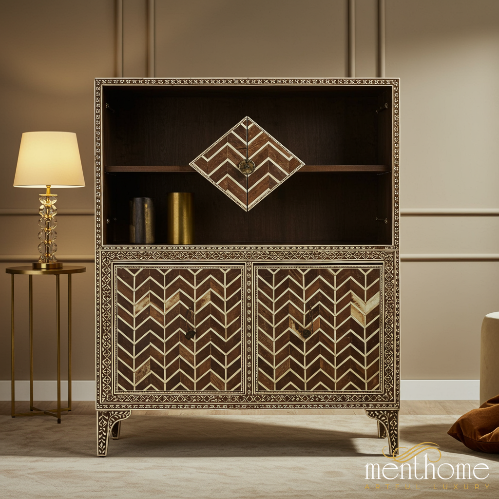 Handcrafted Decorative Wooden Cabinet with Intricate Bone Inlay | Luxury Handmade Cabinet