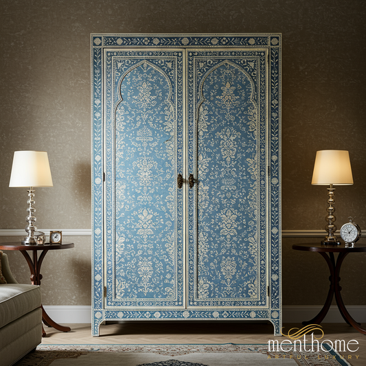 Elegant Blue Floral Patterned Wooden Wardrobe | Luxury Handmade Wardrobe