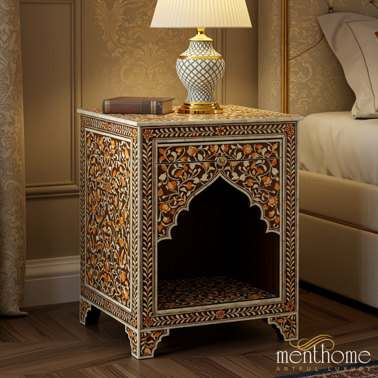 Handcrafted Inlay Decorative Wooden Bedside Table | Luxury Handmade Bedside Table