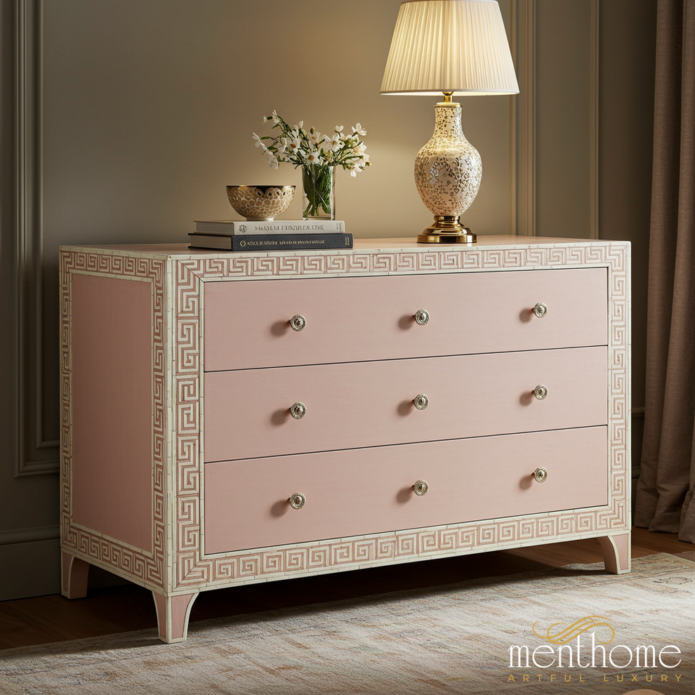 Pink And White Classic Wooden Dresser With Decorative Trim…