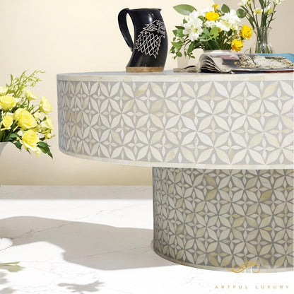 Round Coffee Table with Eye Pattern Bone Inlay | Luxury Handmade Coffee Table
