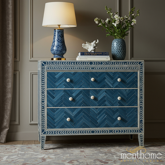 Blue Inlay Three-Drawer Chest | Luxury Handmade Dresser