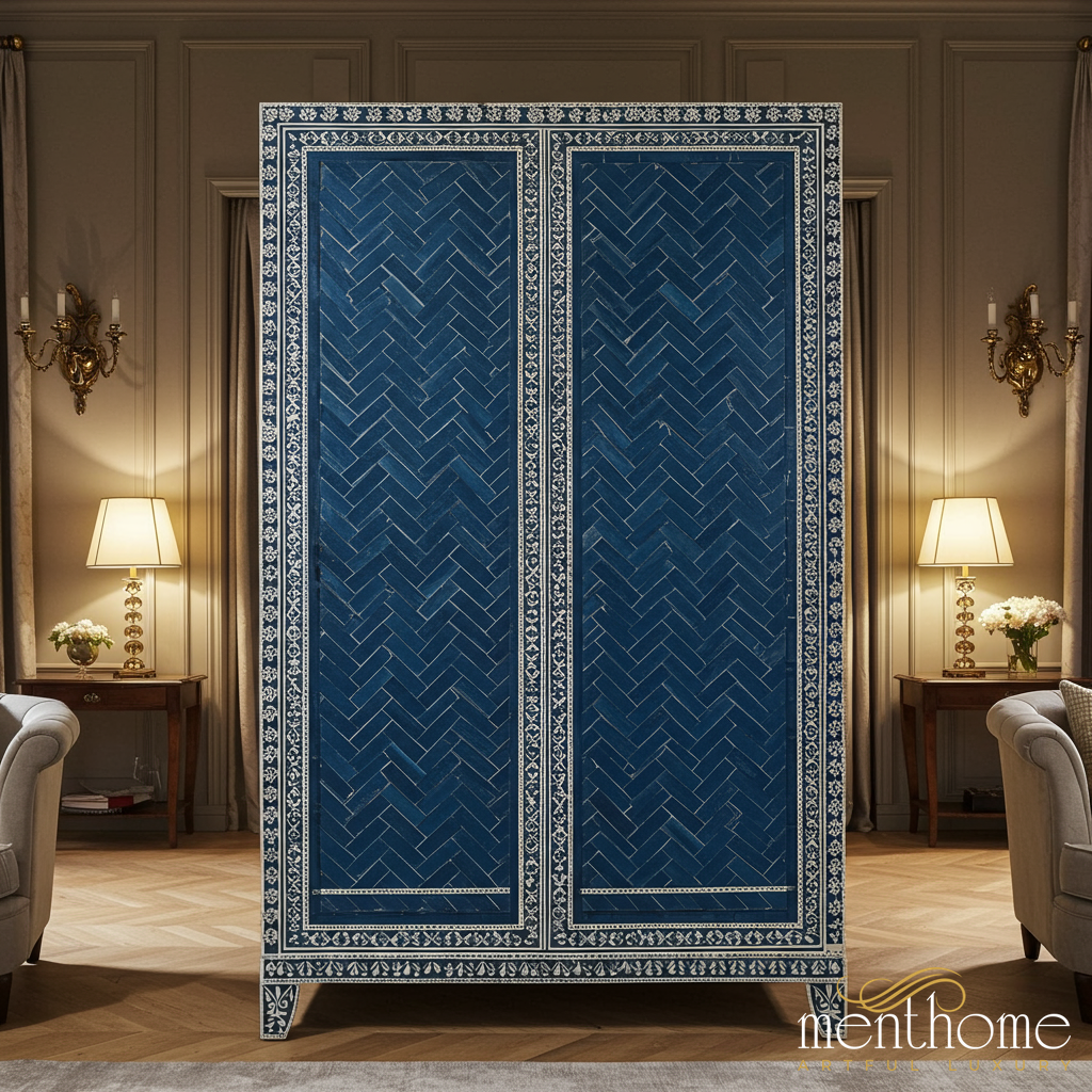 Elegant Blue Inlay Storage Cabinet | Luxury Handmade Wardrobe