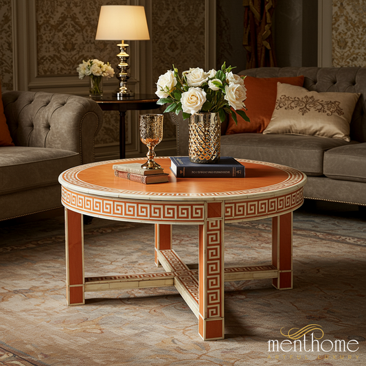 Oriental-Inspired Round Wooden Coffee Table with Geometric Pattern | Luxury Handmade Coffee Table