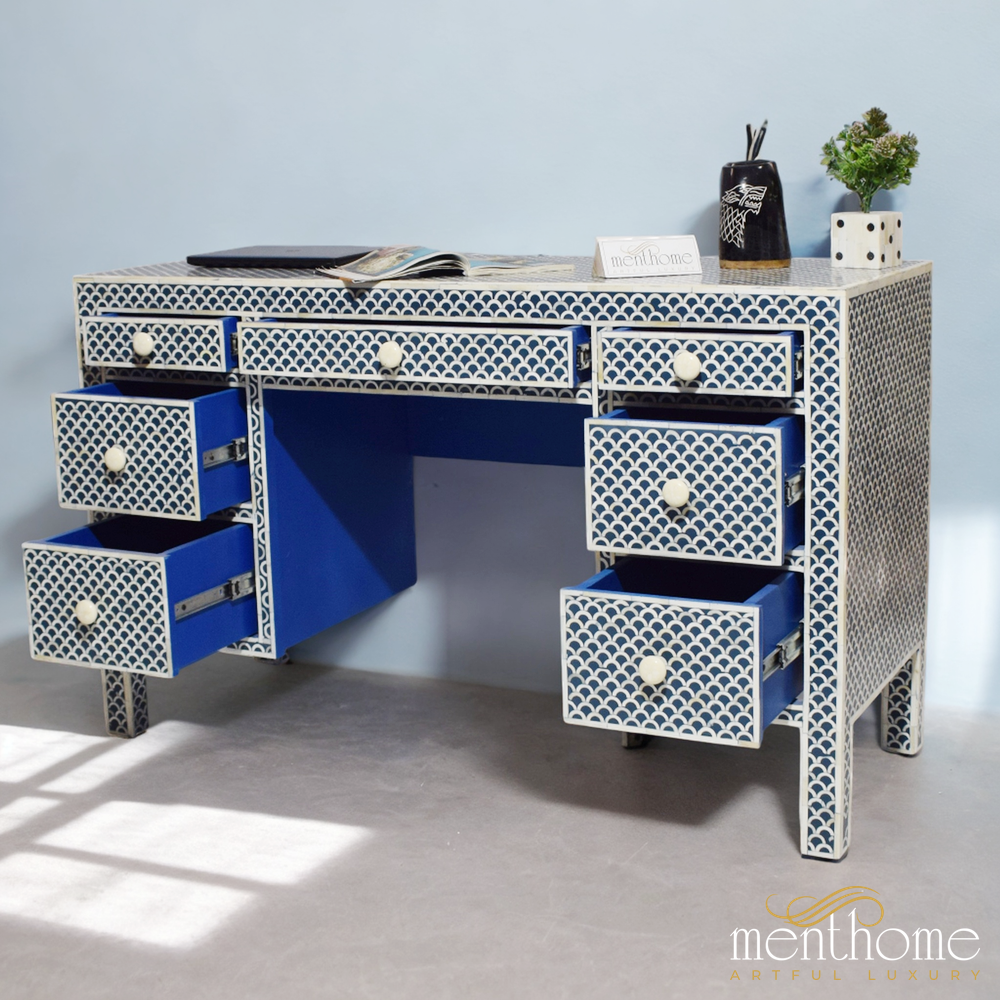 Blue Bone Inlay fishscale 7-drawers office desk | Luxury Handmade Desk