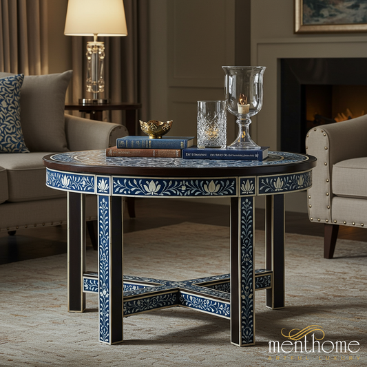 Hand-Painted Blue and White Floral Round Coffee Table | Luxury Handmade Coffee Table