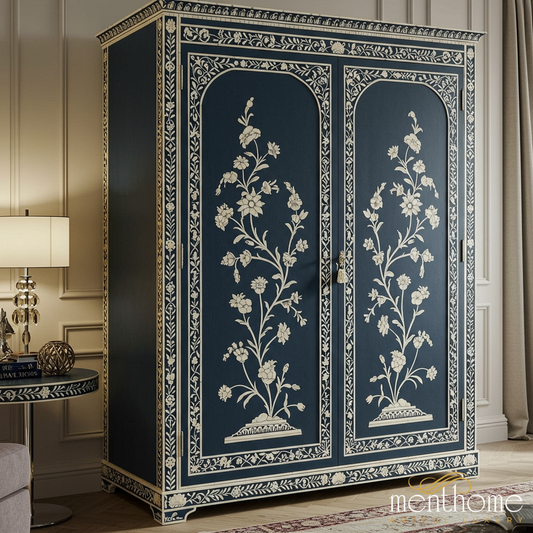 Elegant Floral Inlay Wooden Wardrobe | Luxury Handmade Wardrobe