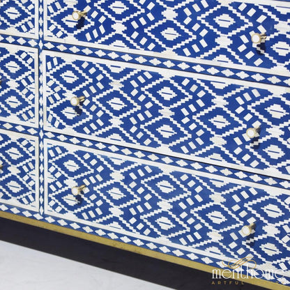 Navy Blue Bone Inlay Eye Cut pattern 6-Drawer Dresser | Luxury Handmade Dresser