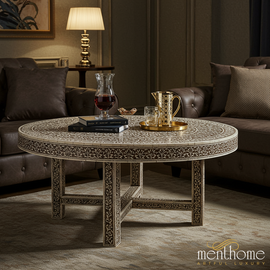 Handcrafted Inlay Bone Round Coffee Table | Luxury Handmade Coffee Table
