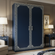 Elegant Navy Blue Decorative Wardrobe with Floral Inlay | Luxury Handmade Wardrobe