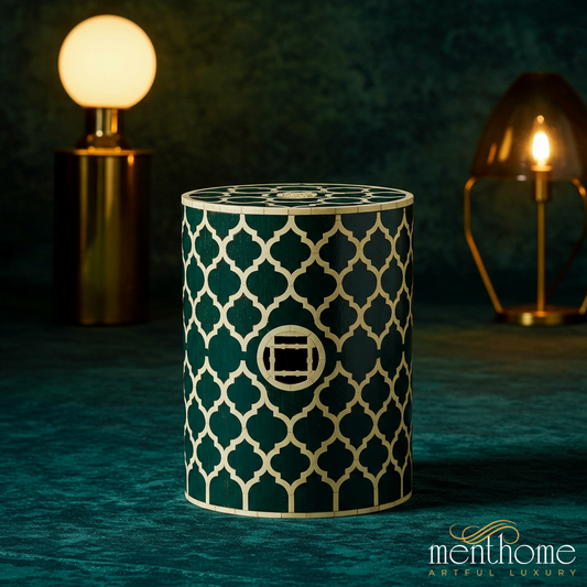 Decorative Cylindrical Wooden Stool with Geometric Pattern | Luxury Handmade Stool