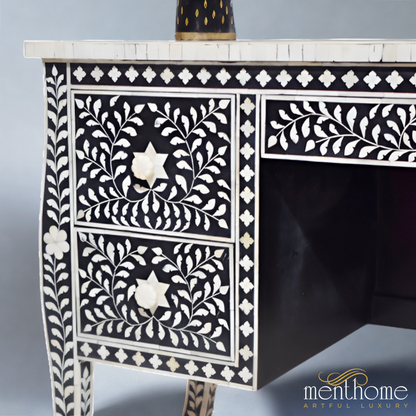 Black 5 drawers Bone Inlay Floral office desk | Luxury Handmade Desk