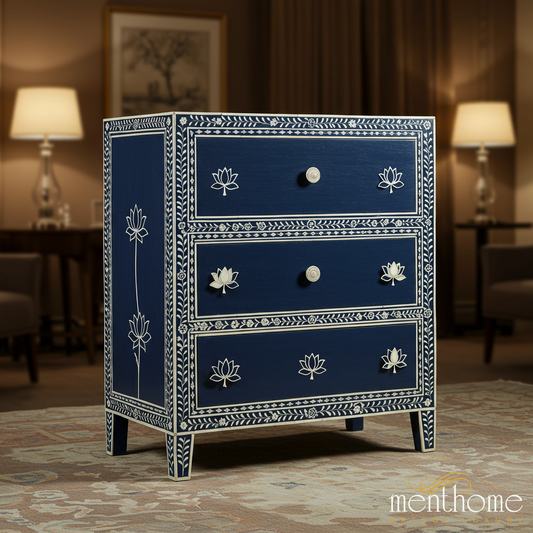 Handcrafted Blue and White Floral 3-Drawer Chest | Luxury Handmade Chest of Drawer