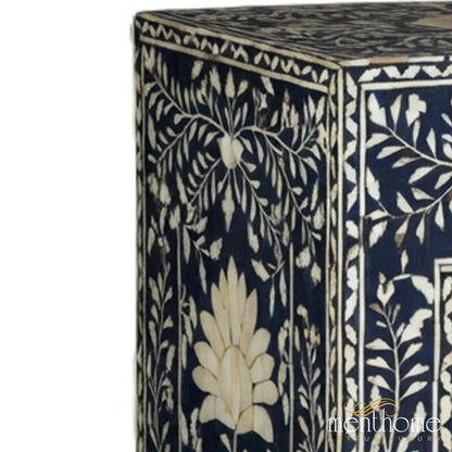 Navy Blue Bone Inlay Handmade Bedside Table with Two Drawers | Luxury Handmade Bedside Table