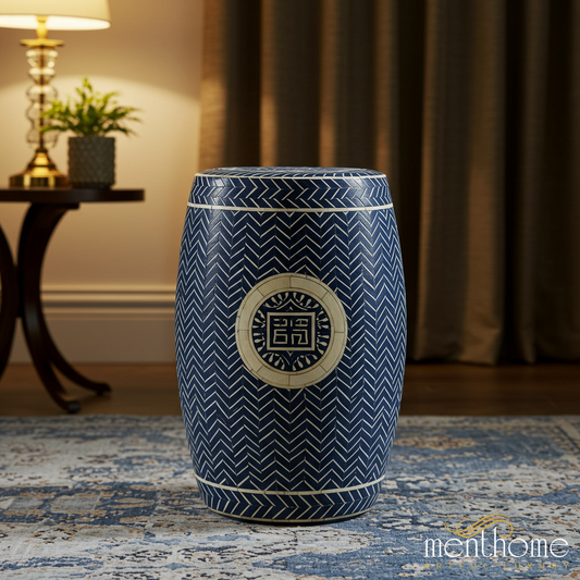 Blue Ceramic Garden Stool with Geometric Pattern | Luxury Handmade Stool